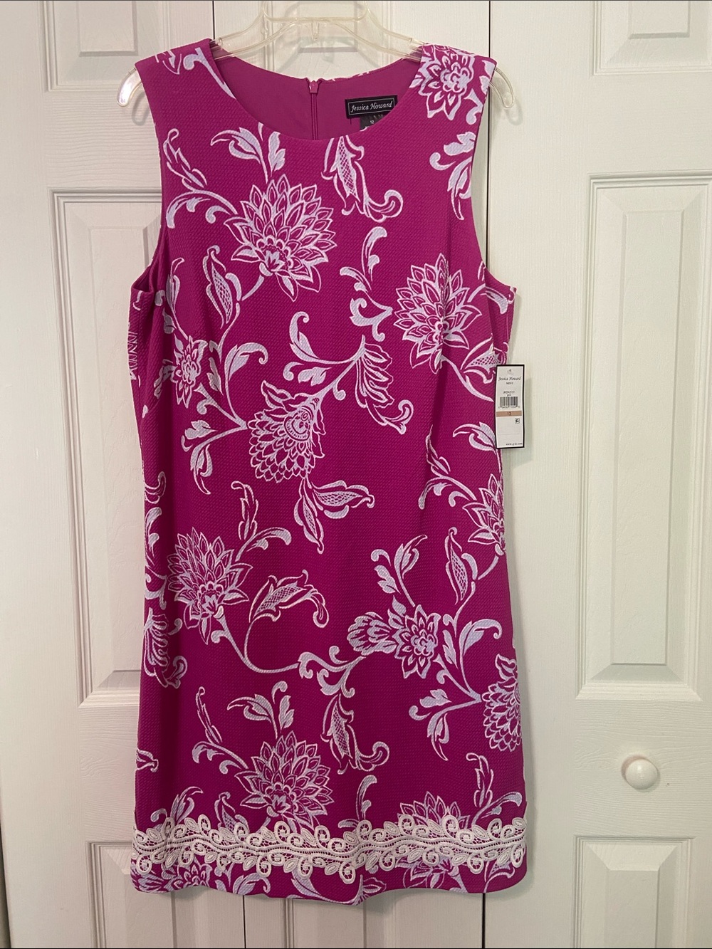 Jessica Howard Hot Pink Floral Sleeveless Shift Dress with Lace Hem